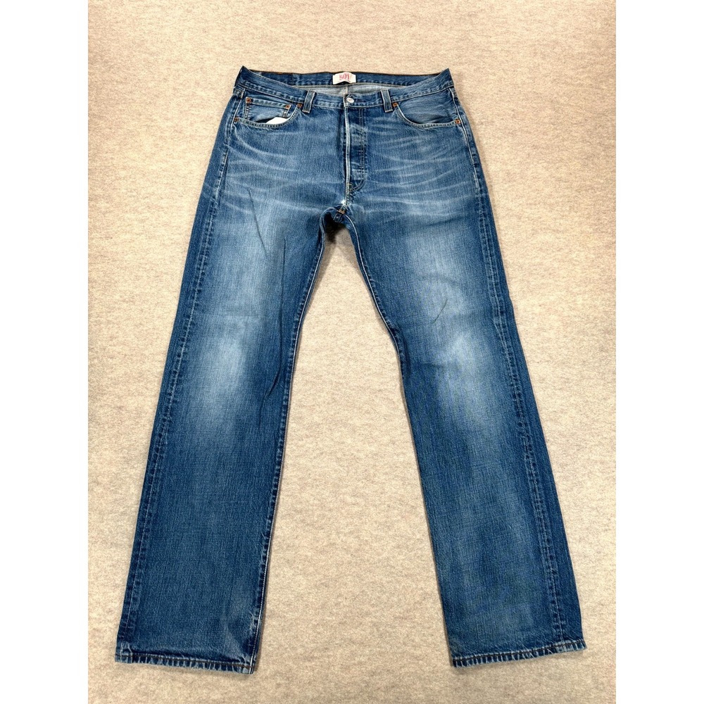 Levis 501 Jeans Men 36x34 Blue Whisker Denim Cotton Button Fly Straight Leg Logo